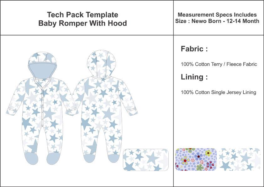 Tech Pack Template Full Sleeves Baby Romper with Hood