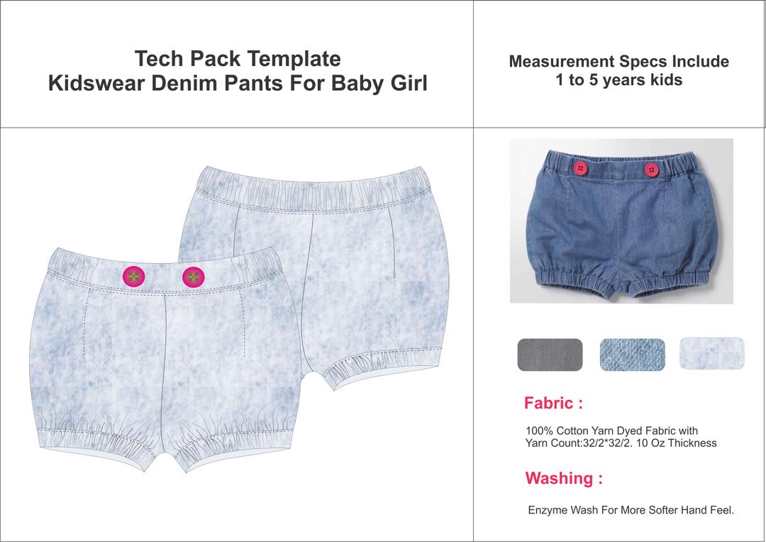 Tech Pack Template Kids Denim Pant for Girls