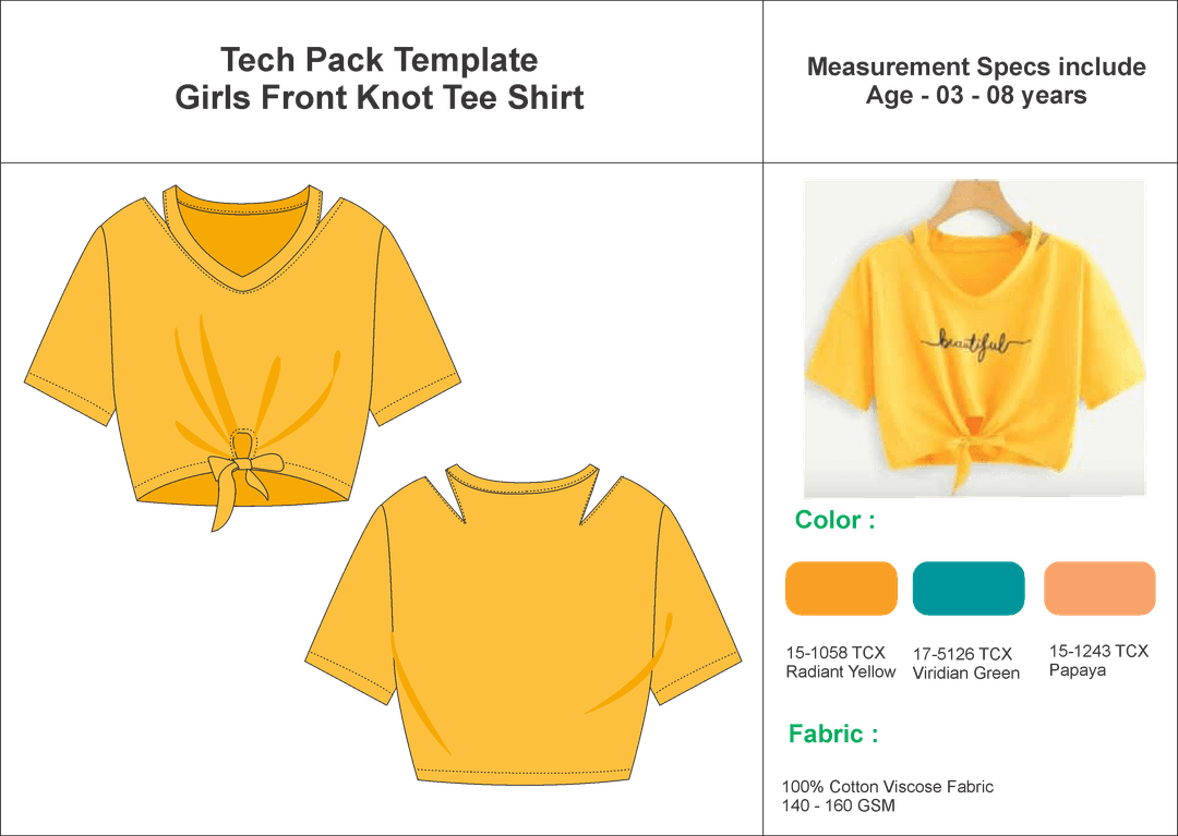 Tech Pack Template Girls Front Knot Crop Top  T-Shirt