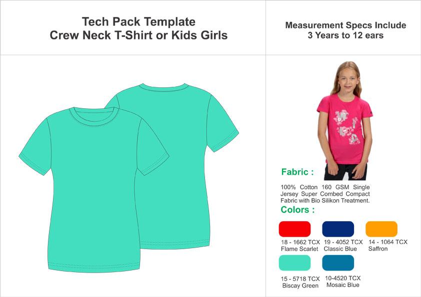 Tech Pack Templates Kids Girls Crew Neck T-Shirt