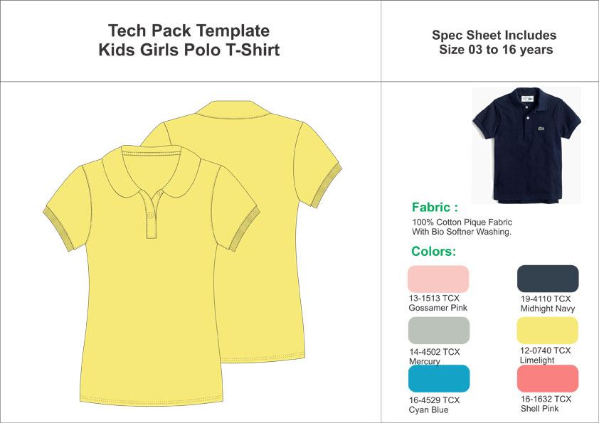Tech Pack Template Kids Girls Polo T-Shirt