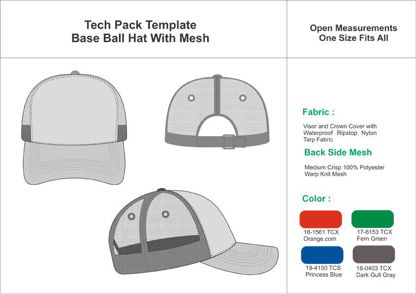 Tech Pack Template Baseball Hats with Mesh