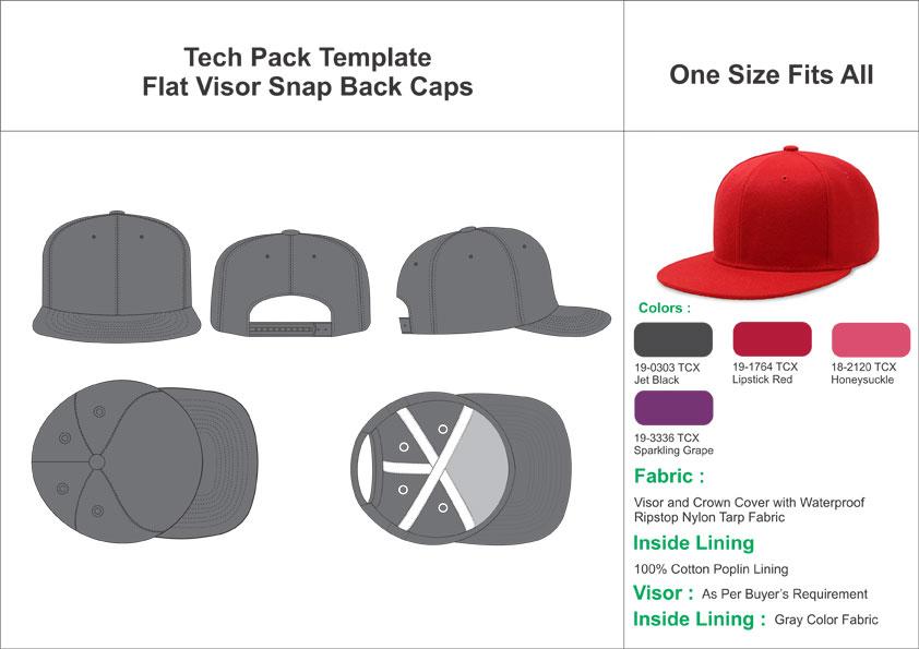 Tech Pack Template Flat Visor Snap Back Caps
