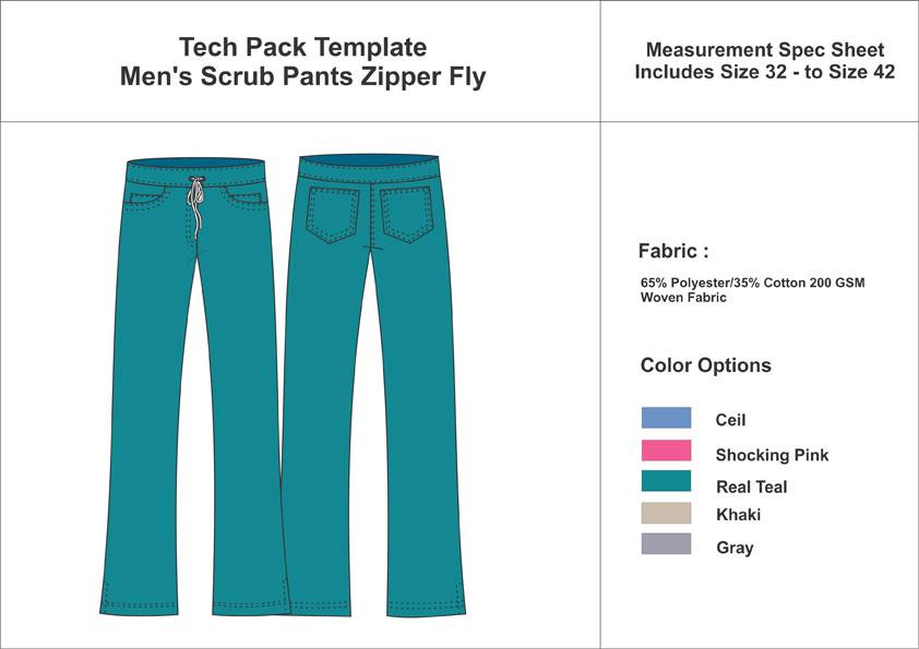 Tech Pack Template Mens Scrub Pant with Zipper Fly