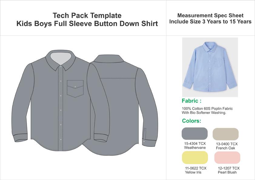 Tech Pack Template Kids Boys Full Sleeve Button Down Shirt