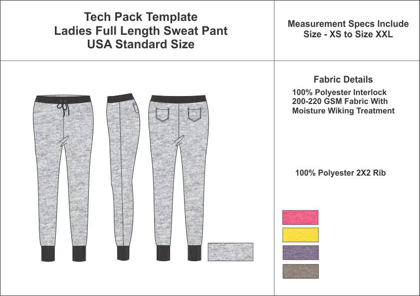 Tech Pack Template Ladies Full Length Sweat Pant USA Regular Size