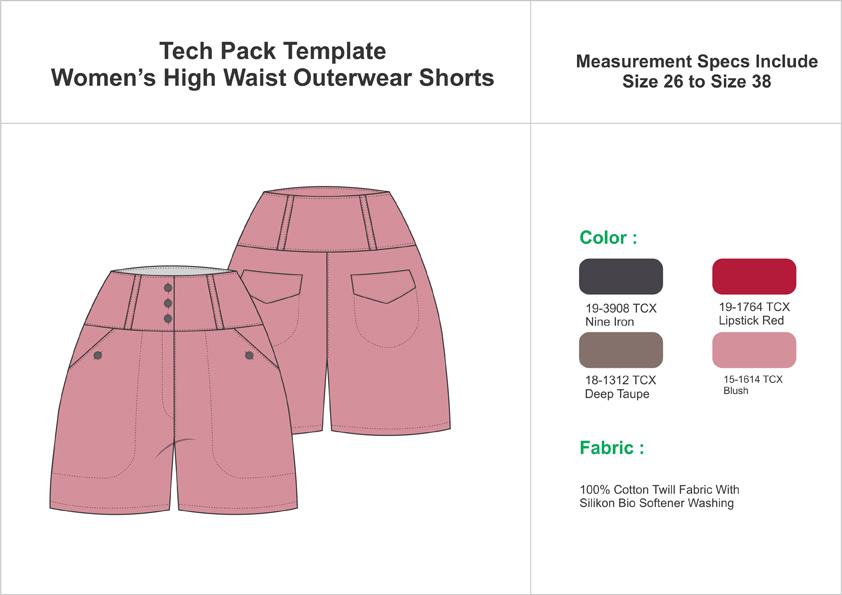 Tech Pack Template Ladies High Waist Outerwear Shorts