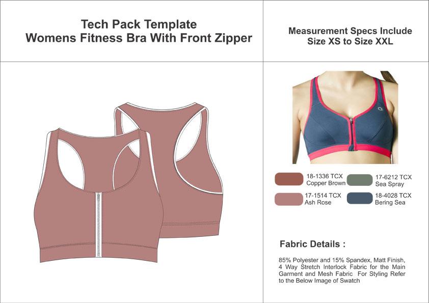 Tech Pack Template Women’s Fitness Bra with Front Zipper