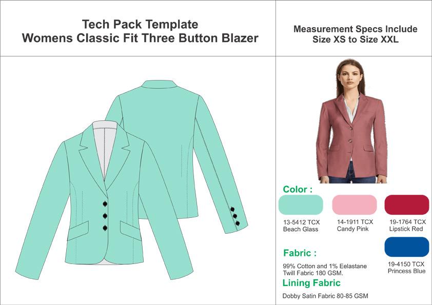 Tech Pack Template Women’s Classic Fit Three Button Blazer