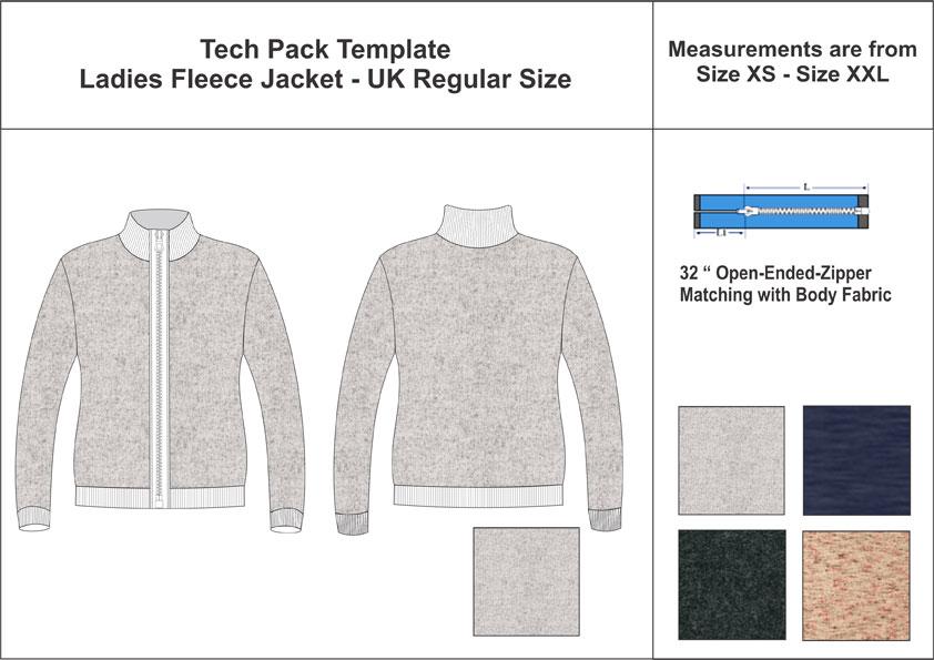 Tech Pack Template Front Open Ladies Fleece Jacket UK Regular