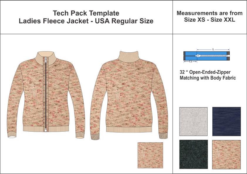 Tech Pack Template Front Open Ladies Fleece Jacket USA Regular