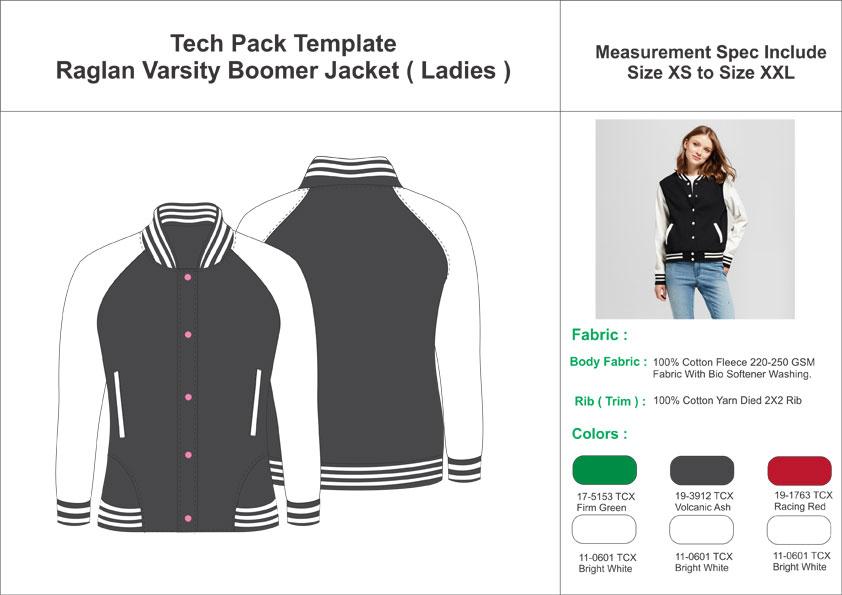 Tech Pack Template Ladies Raglan Varsity Jacket