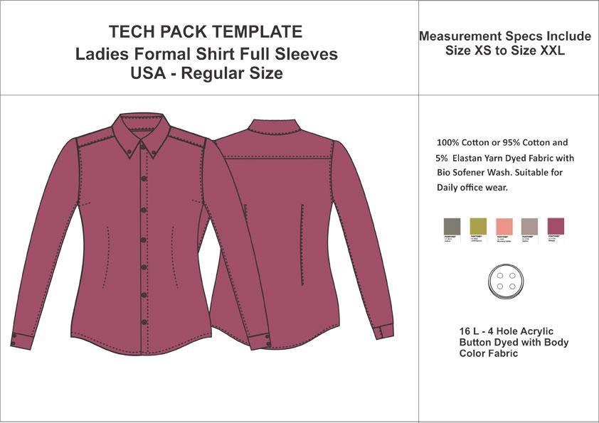 Tech Pack Template Ladies Full Sleeve Button Down Shirt USA Regular Size