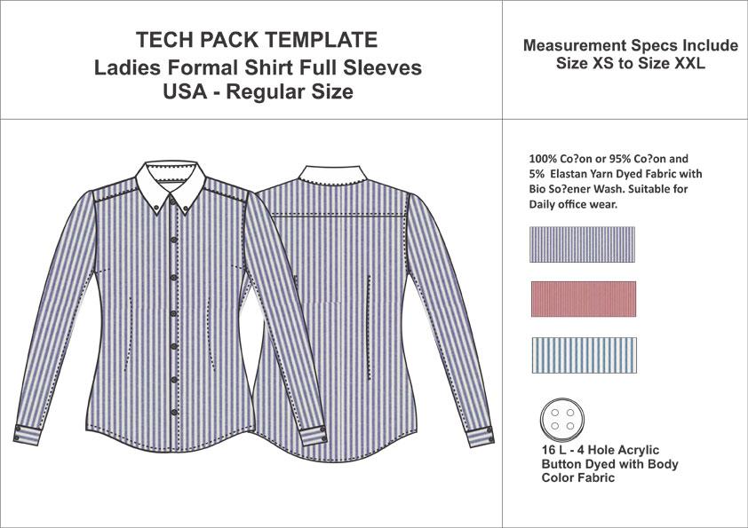 Tech Pack Template Ladies Full Sleeve Button Down Shirt UK Regular Size