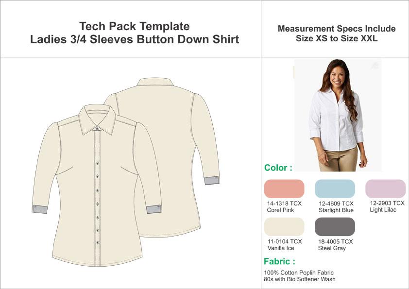 Tech Pack Template Ladies Three Quarter Sleeve Shirt