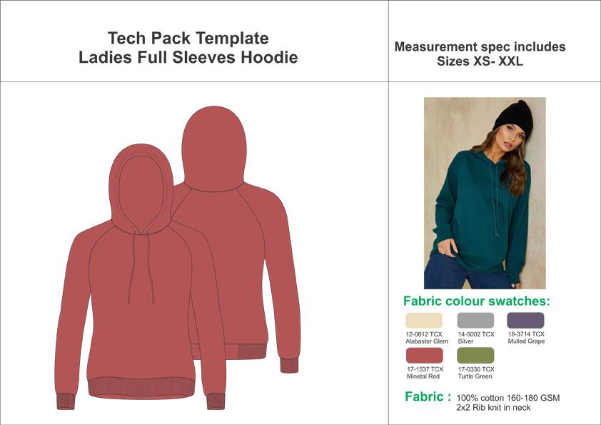 Tech Pack Template Full Sleeves Hooded Sweatshirt