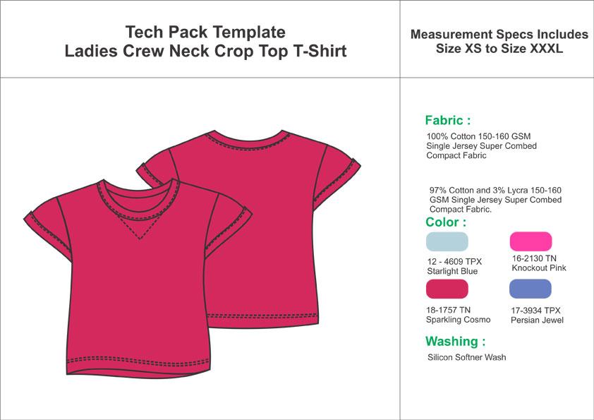 Tech Pack Template Ladies Crewneck Crop Top T-Shirt