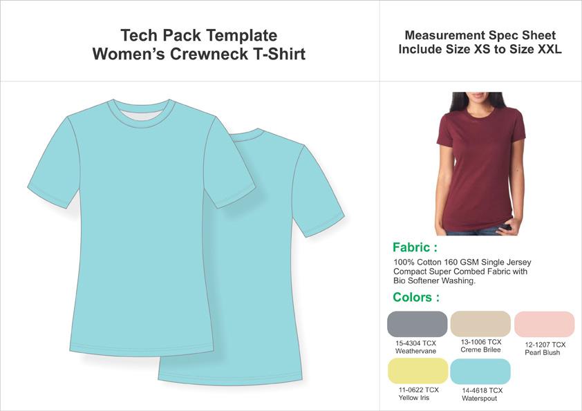 Tech Pack Template Ladies Crew Neck T-Shirt USA Regular