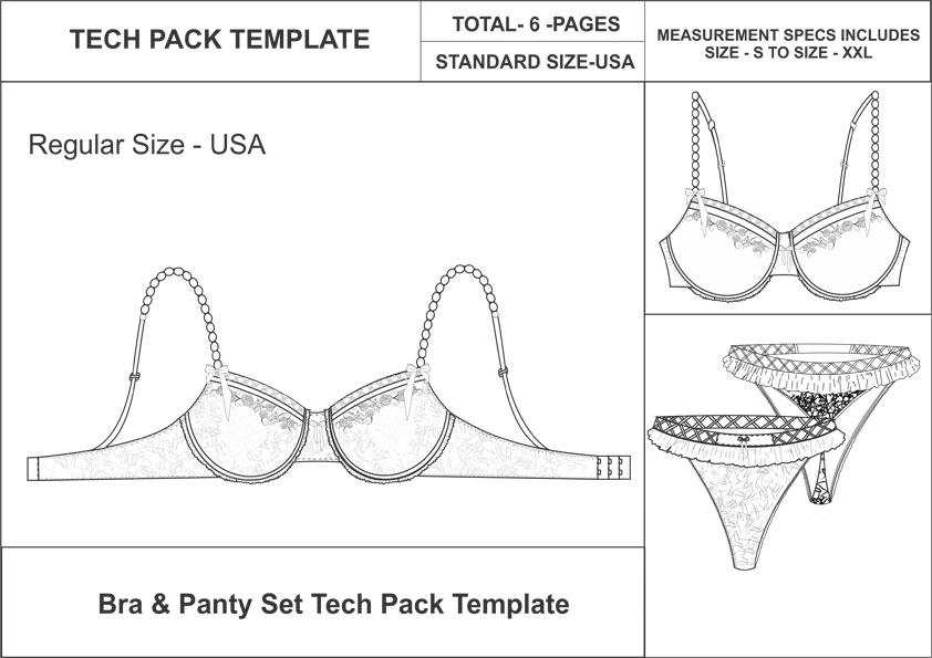 Tech Pack Template Lace Trim Push up Lingerie Bra Panty S
