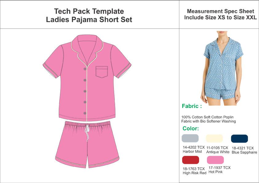 Tech Pack Template Ladies Pajama Shorts Set