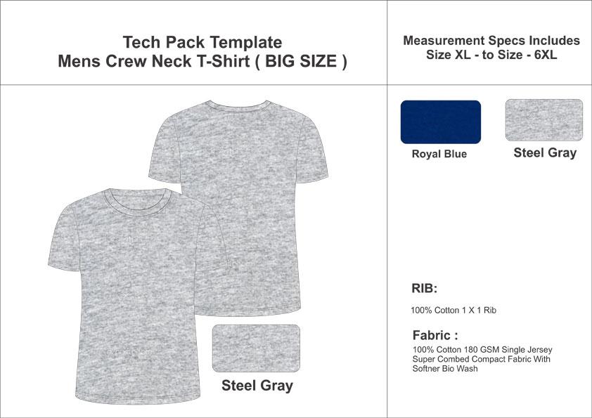 Tech Pack Template Mens Crewneck T-Shirt Big and Tall Size