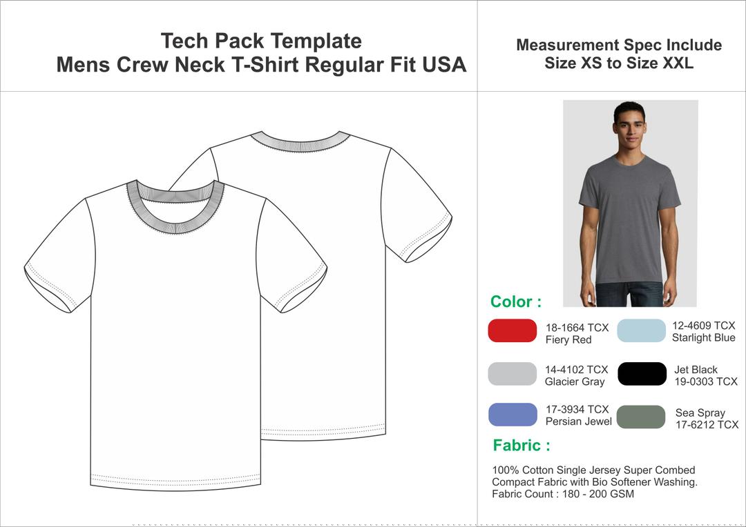 Tech Pack Template Mens Crewneck T-Shirt Regular Fit