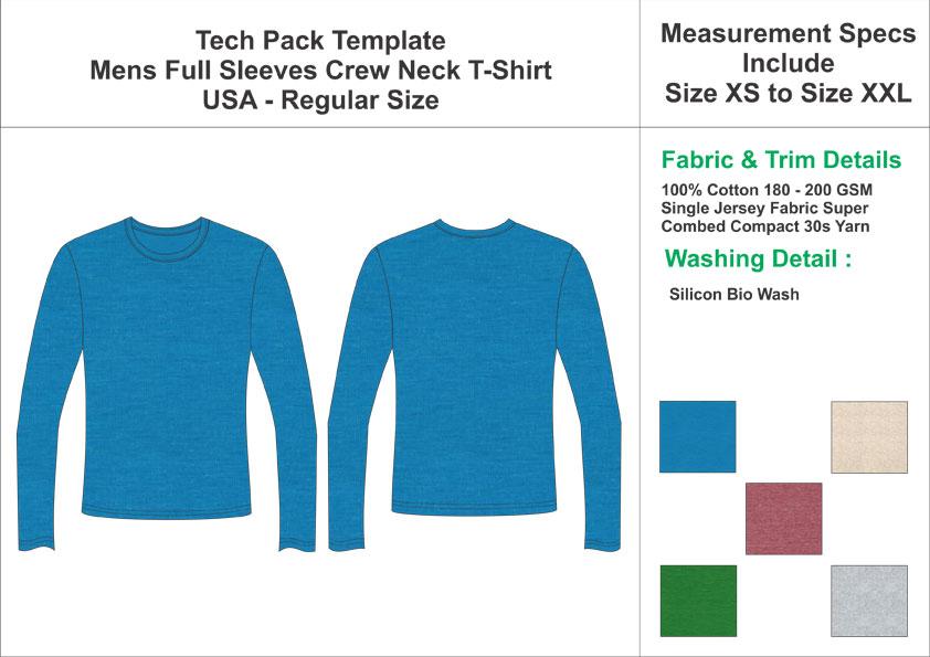 Tech Pack Template Mens Full Sleeves Crew Neck T-Shirt