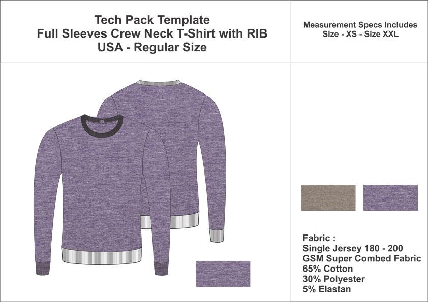 Tech Pack Template Mens Full Sleeve Crew Neck T-Shirt with Rib
