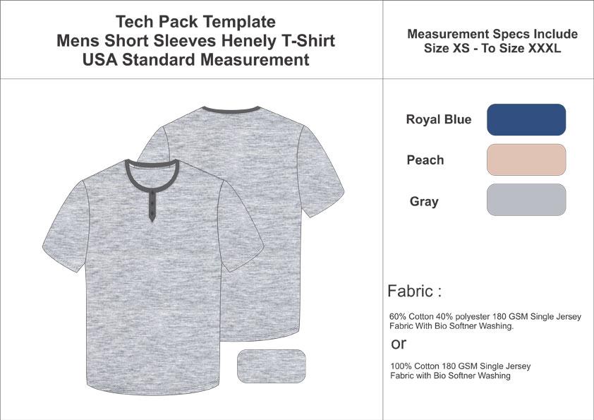 Tech Pack Template Mens Henley T-Shirt USA Standard Size