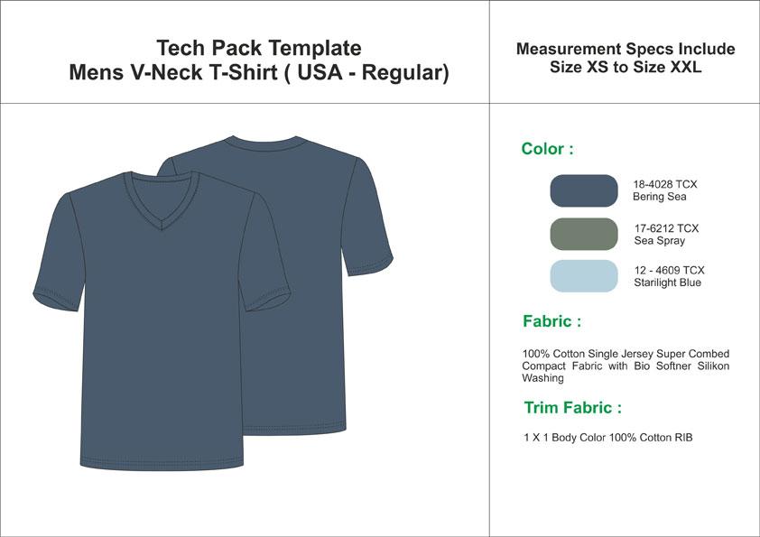 Tech Pack Template Mens V-Neck T-Shirt USA Regular Size