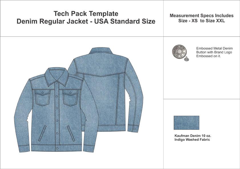Tech Pack Template Mens Full Sleeve Denim Jacket USA Regular Size