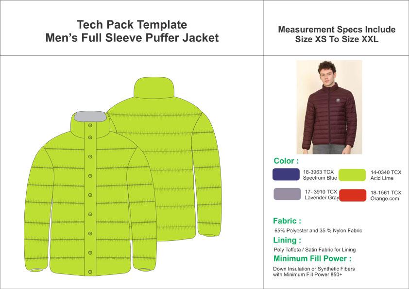 Tech Pack Template Mens Full Sleeves Puffer Jacket