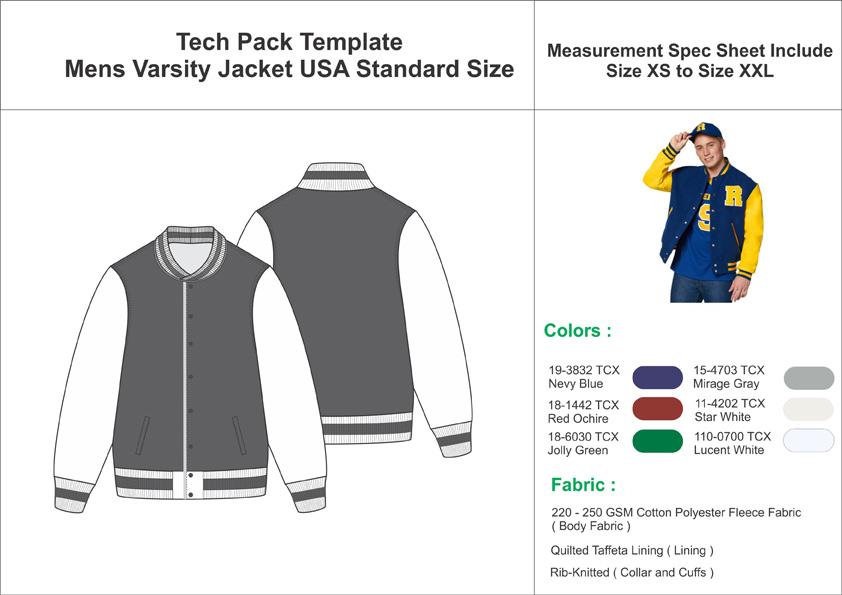 Tech Pack Template Mens Varsity Jacket USA Regular