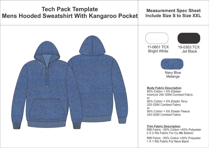 Tech Pack Template Mens Hooded Sweat Shirt with Kangaroo Pocket