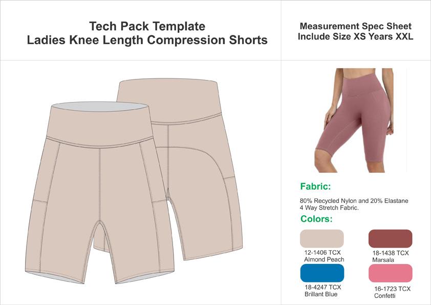 Tech Pack Template Ladies Knee Length Compression Shorts