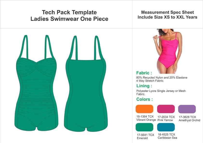 Tech Pack Template Women’s Onesie Swim Suit with Frills USA Standard Size